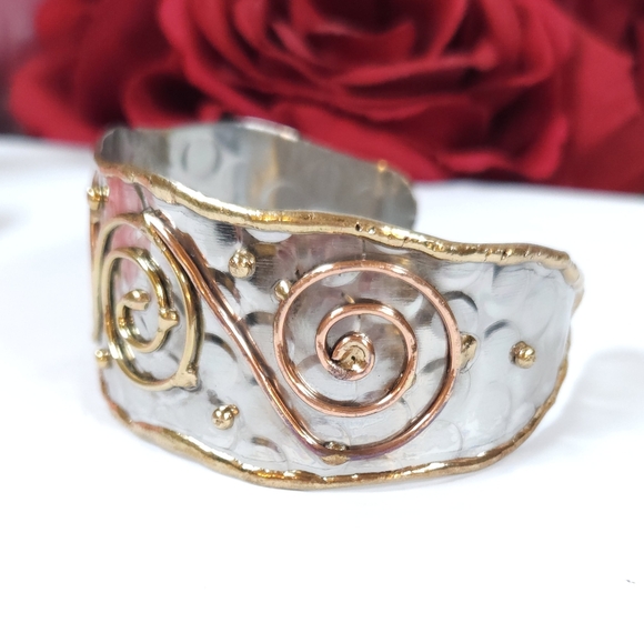 Gold & Bronze Swirl Hammer Texture Silver Cuff Bracelet Mixed Metal Bracelet - Picture 4 of 11